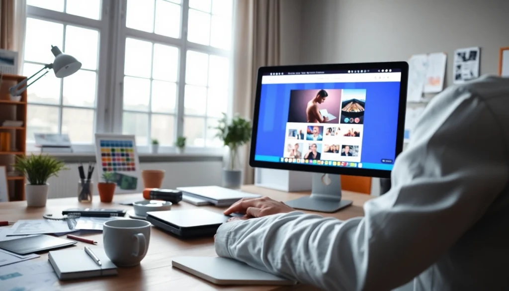 Showcasing a modern website design workspace with a computer, colorful layout, and design tools.