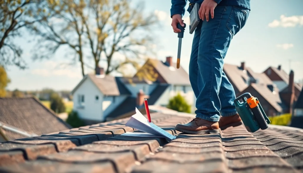Dakspecialist Arnhem assessing a residential roof with tools, ensuring quality services.