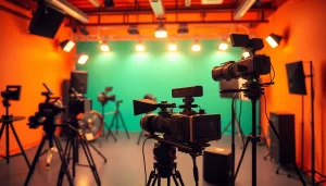 Collaborative workspace of a 영상업체 featuring high-end filming equipment and creative team interactions.