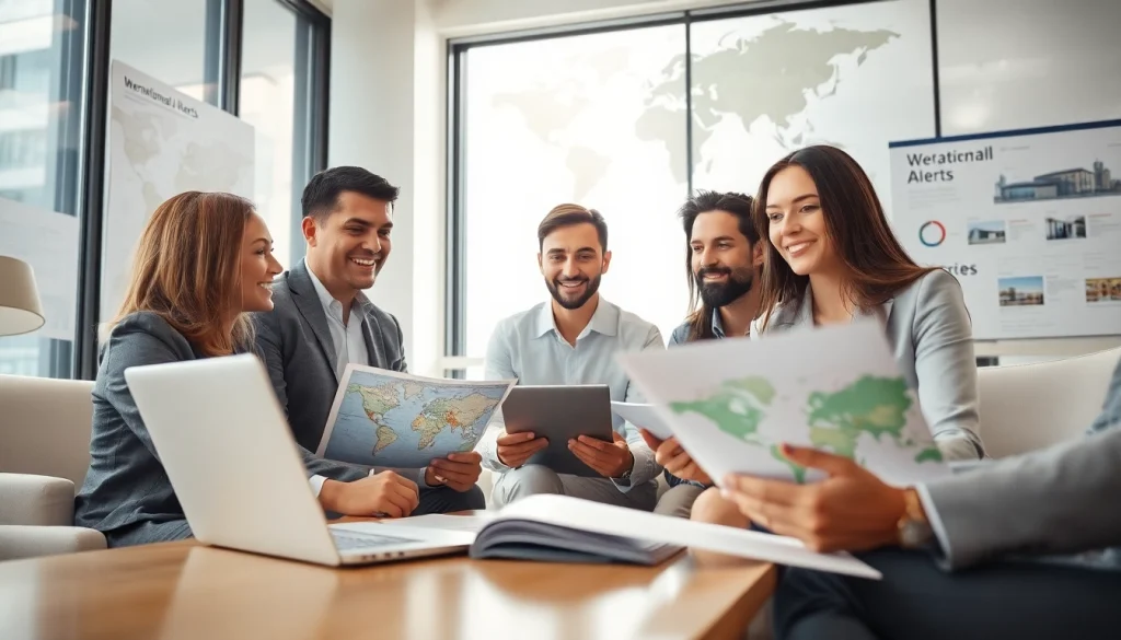 Agents discussing international property alerts in a modern office setting.