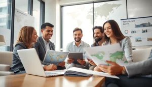 Agents discussing international property alerts in a modern office setting.