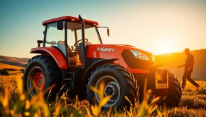 Kuboata Traktor in einer Feldlandschaft, der landwirtschaftliche Arbeit inspiriert.