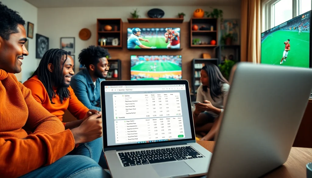 Engaging in Betting sites with free bets, a group discusses odds in a vibrant sports setting.