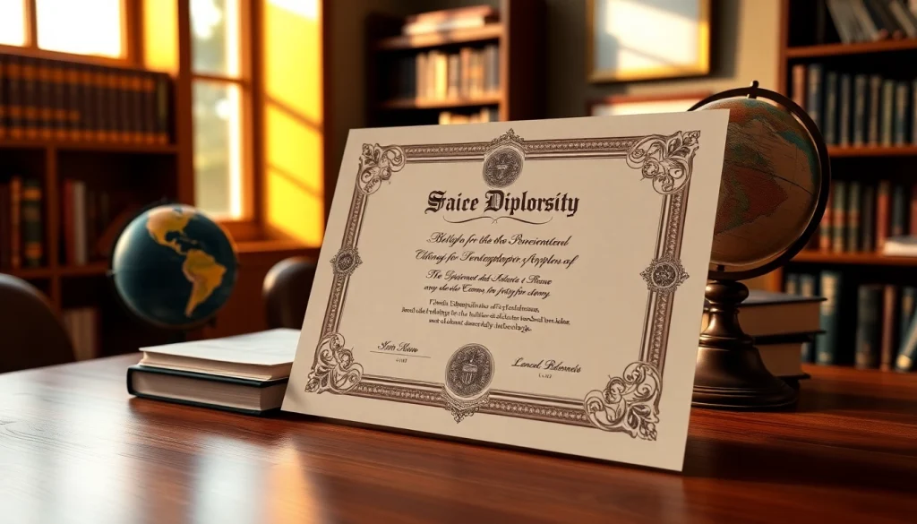 View a fake diploma on a desk, showcasing its quality when you buy a fake diploma online.