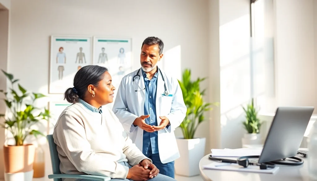 Healthcare professional engaging with a patient about chronic illnesses in a warm clinic.
