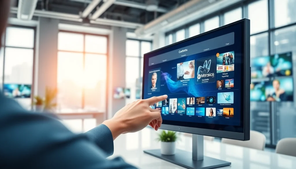 Experience the functionality of a Digital signage CMS through an interactive touchscreen interface in a modern office.