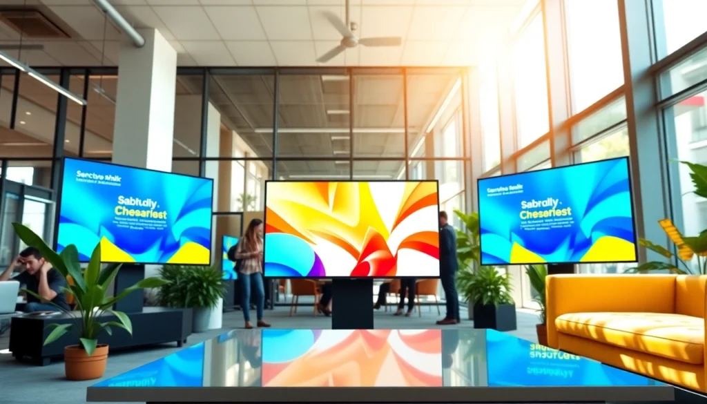 Showcasing a Free signage platform for businesses in a professional office setting with vibrant displays