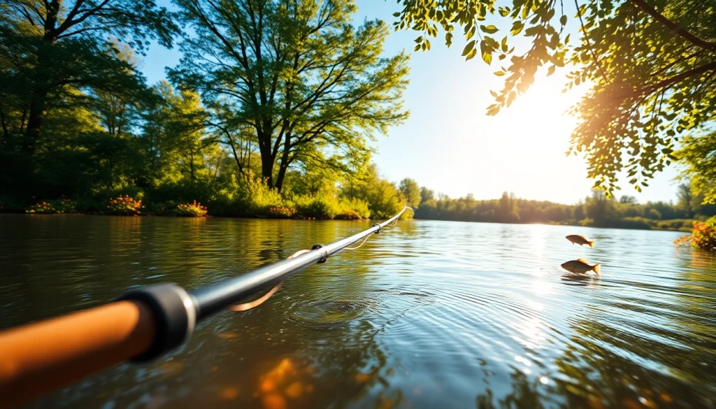 Engaging angler fly fishing for bass on a tranquil lake, immersed in nature's beauty.
