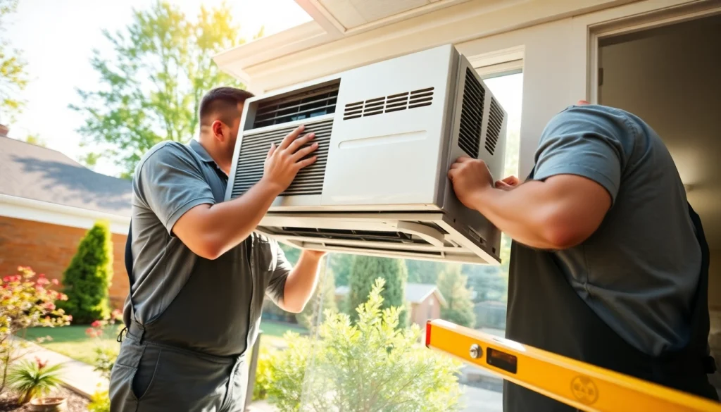 Technicians performing AC installation Franklin TN in a suburban home