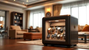 Organize valuable watches inside a stylish watch safe in a luxurious setting.