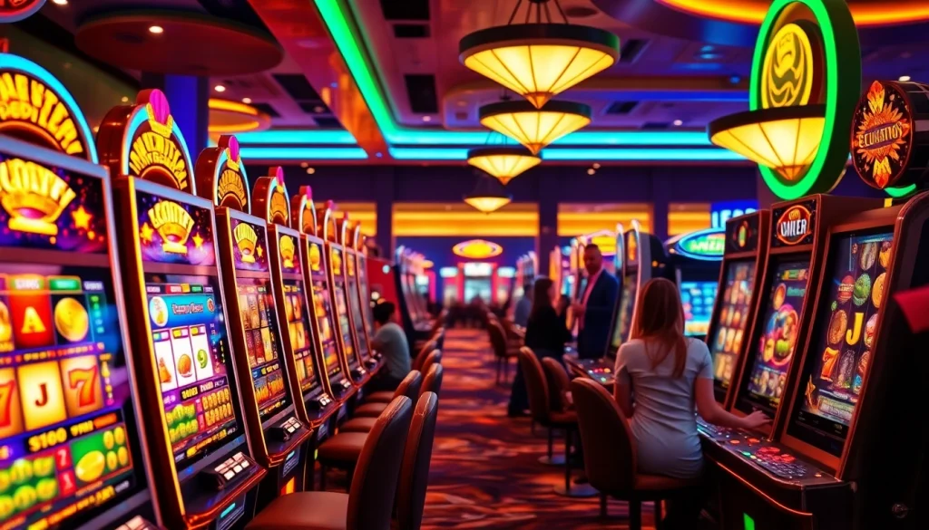 Experience pgslot gaming with vibrant slot machines and players enjoying their time in a lively casino.
