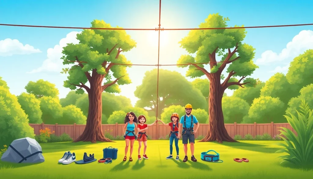 Family enjoying ZIP WIRE KITS setup in their backyard with safety gear and vibrant colors.