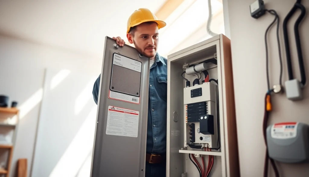 Electrician reviewing an Electrical Panel Upgrade with a modern 200 amp system in a bright setting.