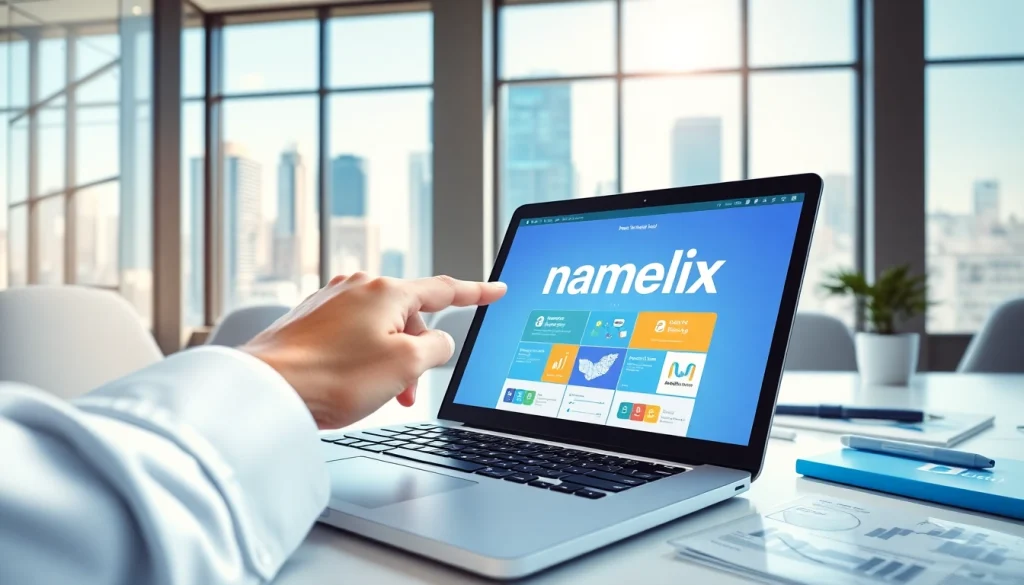 Engaging display of the namelix app on a laptop, showcasing branding creativity in a modern office.