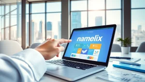Engaging display of the namelix app on a laptop, showcasing branding creativity in a modern office.