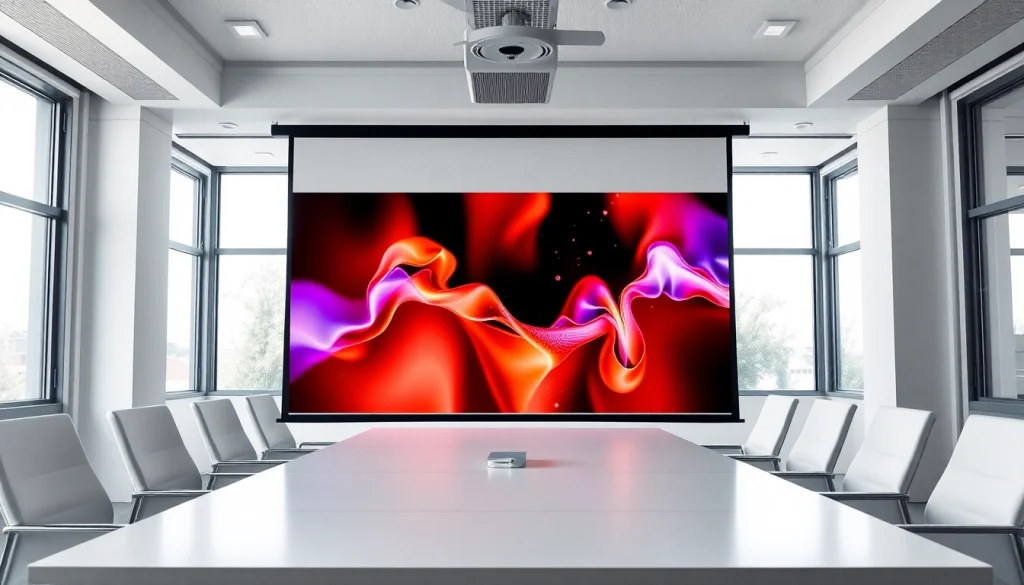 Showcasing a Professional Projection Screen in a modern conference setting with vibrant display.