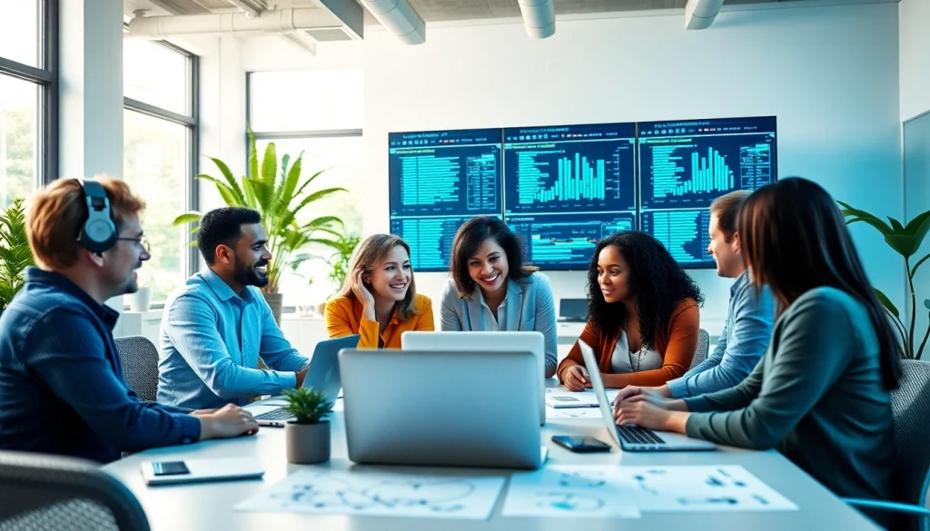 Managed IT provider team collaborating in an office environment showcasing teamwork and technology.