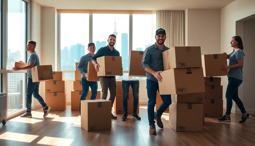 Team efficiently managing Toronto moving tasks in a bright urban apartment setting.