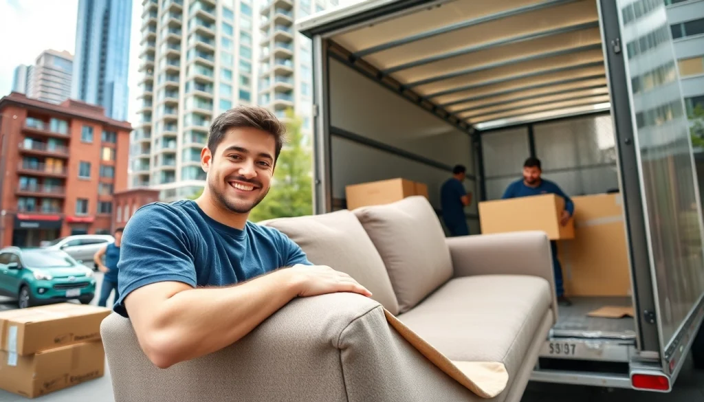 Movers in Toronto area efficiently packing and loading furniture in a lively urban setting.
