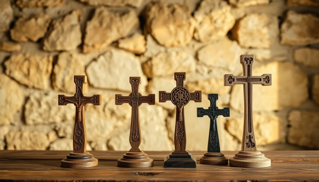 Display of Jerusalem crosses highlighting intricate craftsmanship against stone backdrop.