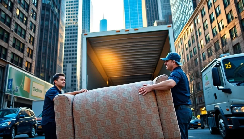 Efficient team of a Manhattan moving company expertly lifting furniture in NYC's vibrant street.
