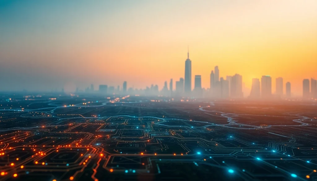 Visualizing dawn digital innovation through a vibrant city skyline and digital elements.