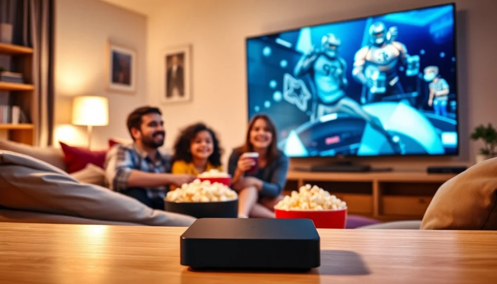 Comprar IPTV en un entorno hogareño moderno con una familia disfrutando de una noche de cine.