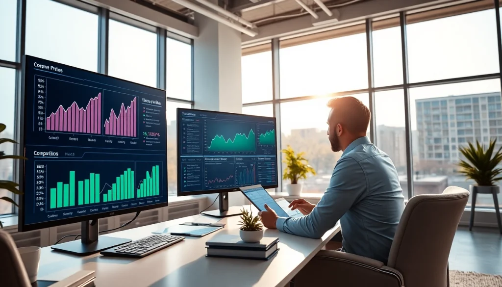 Analyze competitor pricing data in a modern office with multiple screens showing insights.