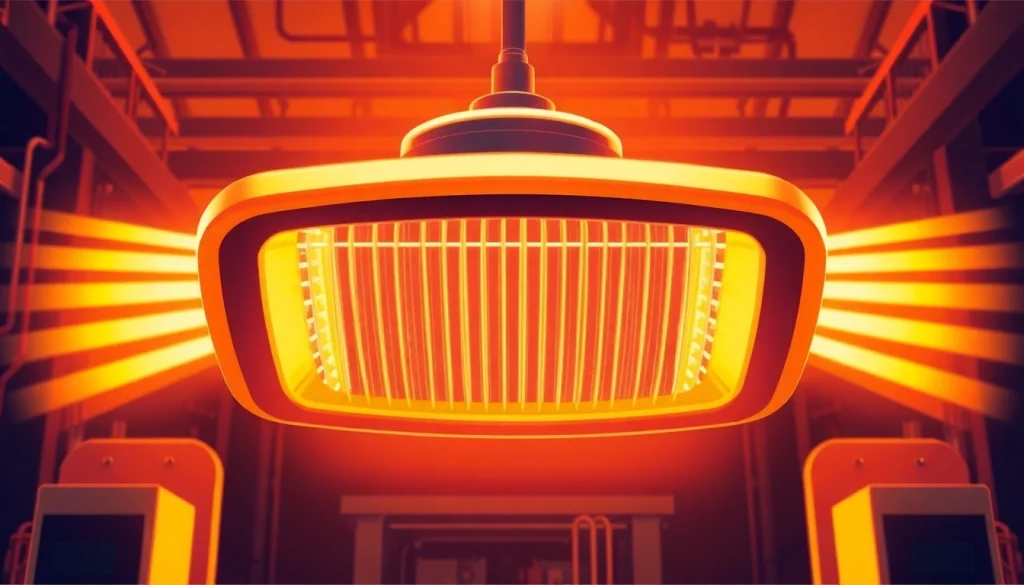 Infrared heating lamp efficiently providing direct heat in an industrial setting with vibrant illumination.