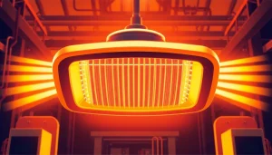 Infrared heating lamp efficiently providing direct heat in an industrial setting with vibrant illumination.