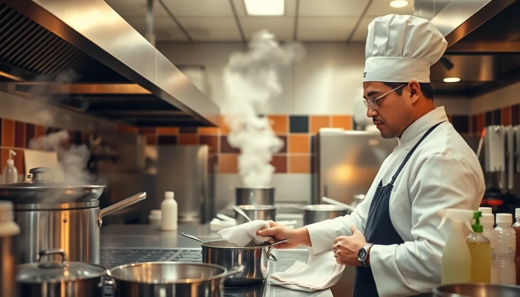 Engaging scene of Restaurant Cooking Appliance Cleaning in an active kitchen environment.