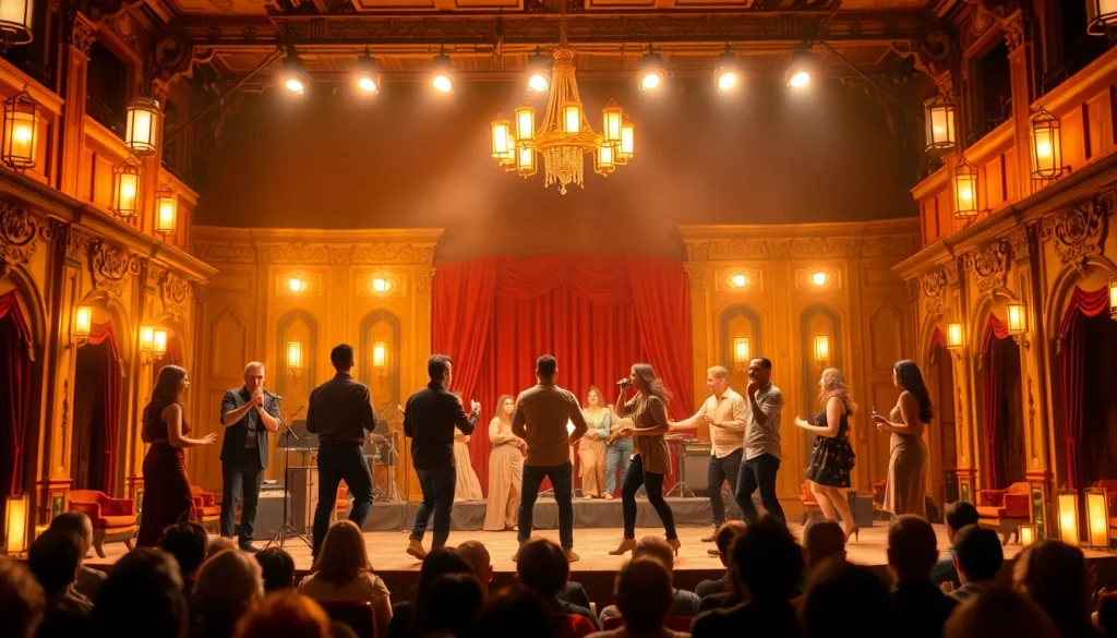 Engaging performance in a firelight theater, highlighting actors amidst warm, inviting lights.