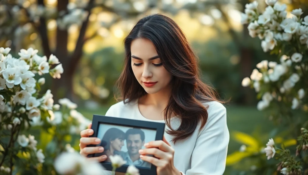 Reflective woman dealing with grief in a serene garden, holding a photo, expressing deep emotions.