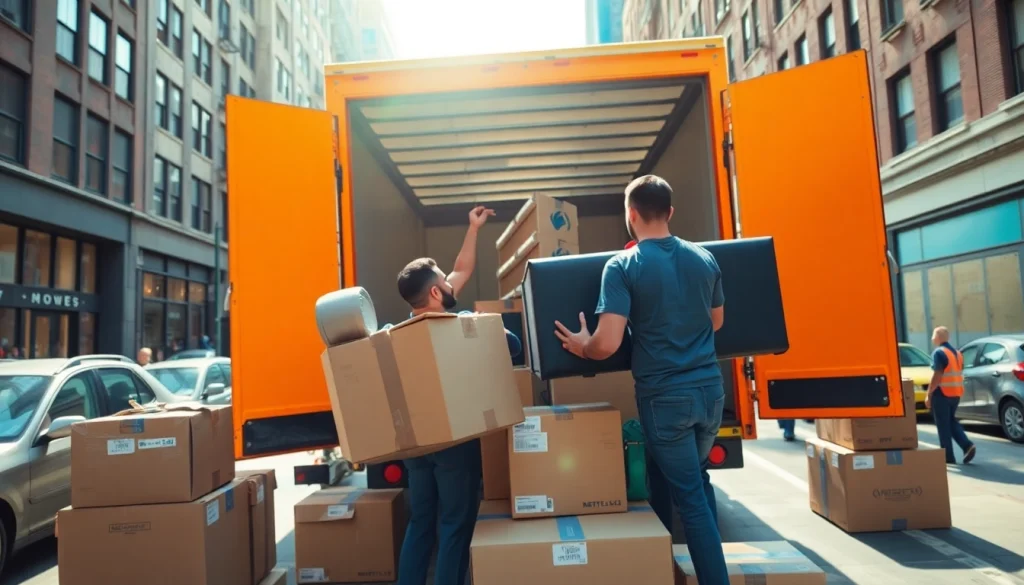 Bronx movers efficiently loading boxes into a colorful truck in an urban setting.
