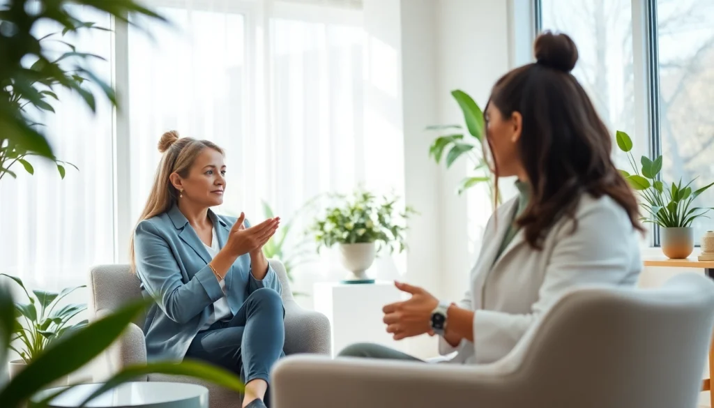Engaging therapy session for anxiety treatment dubai with a compassionate therapist in a serene clinic.