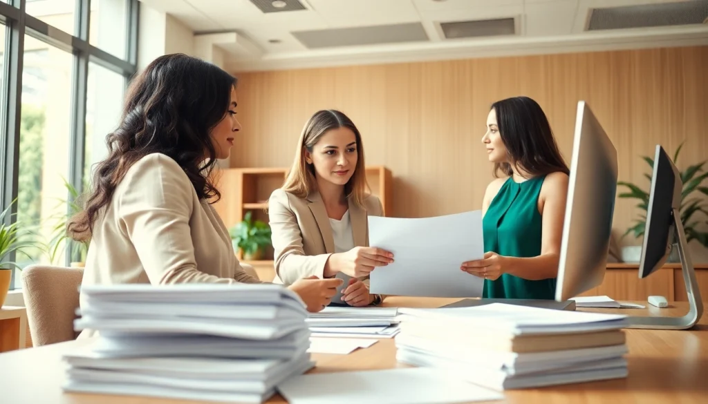 Client receiving assistance with QSM document clearing services in a professional office.