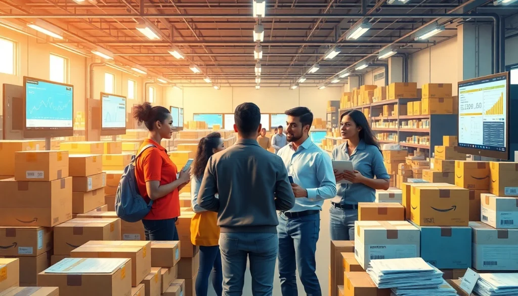 Entrepreneurs discussing strategies in a vibrant fba wholesale marketplace.