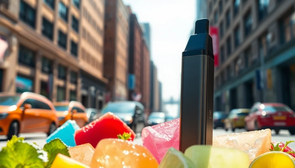 Promote FIFTY BAR 6.5K disposable vape showcasing flavors in an urban setting.